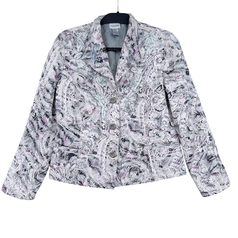 Chico's Paisley Beaded Blazer Women Size 1 Silk Cotton Blend Gray Purple